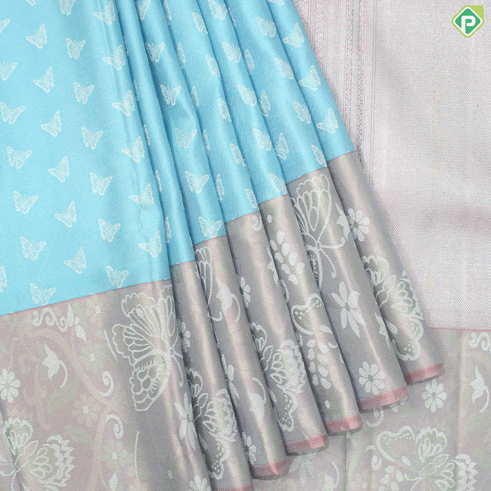 Sky Blue silver butterfly butta  peach pink rangoli design border Trendy designer Silk Saree