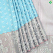 Sky Blue silver butterfly butta  peach pink rangoli design border Trendy designer Silk Saree