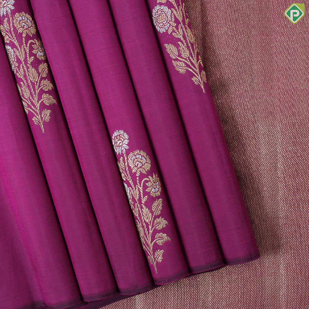 purple with silver gold zari flower bunch half peach self stripe half design trendy designer silk saree