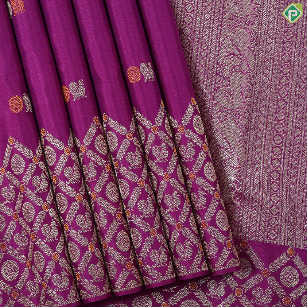 Purple with silver gold zari and silk thread set butta design self border traditional silk saree
