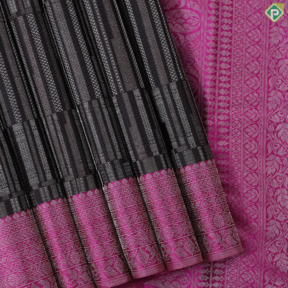 Walnut brown silver zari geometric lines design contrast rose pink border trendy designer silk saree