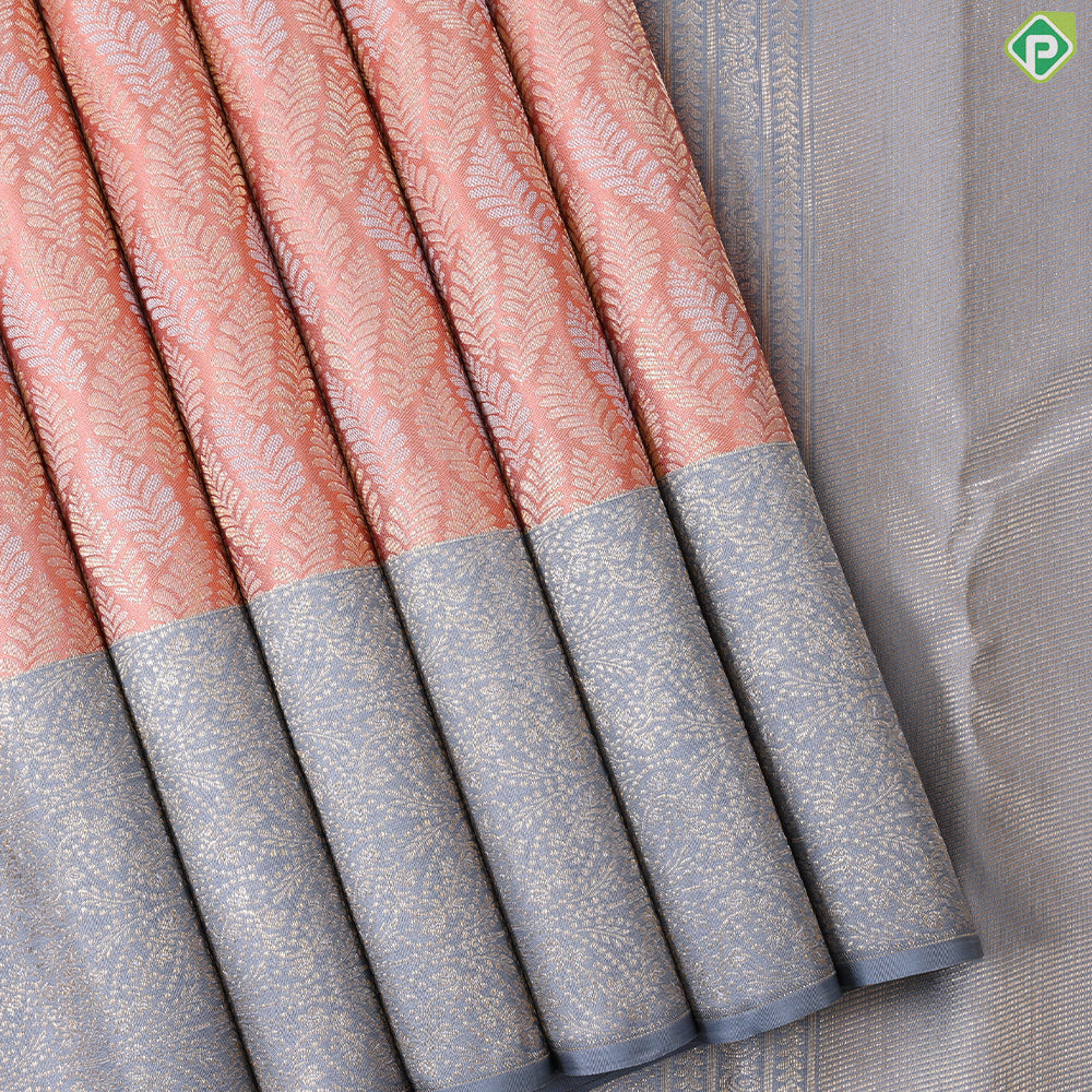 Peach silver and silver gold zari leaf design iron grey border trendy designer silk saree