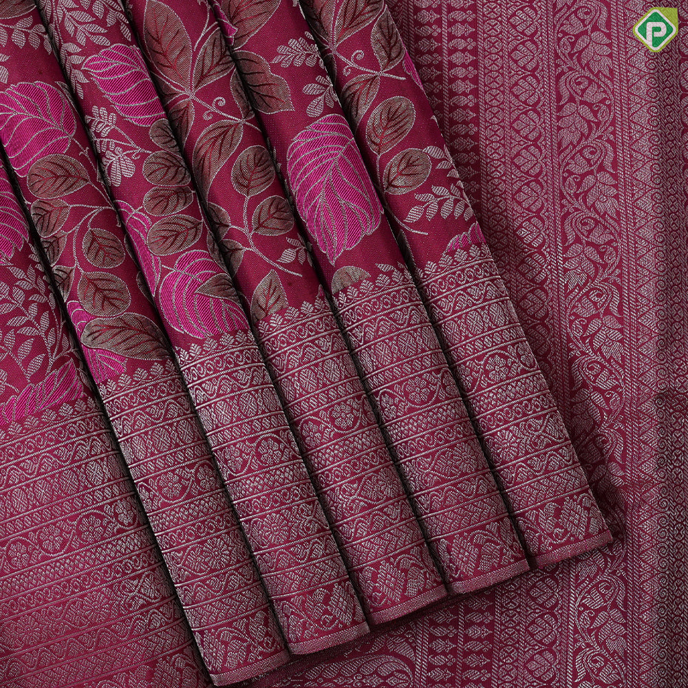 Beetroot pink silver zari tropical effect design self colour multi lines border trendy designer silk saree