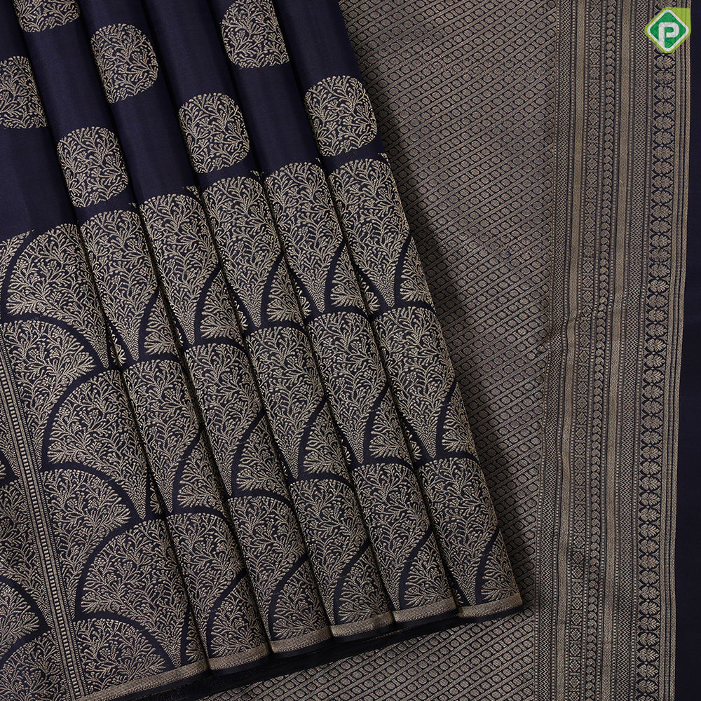 Ink Blue gold zari round butta design self gold zari fancy high border trendy designer silk saree