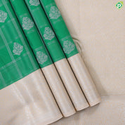 Forest green silver zari checks and Butta design contrast beige border art silk gift saree