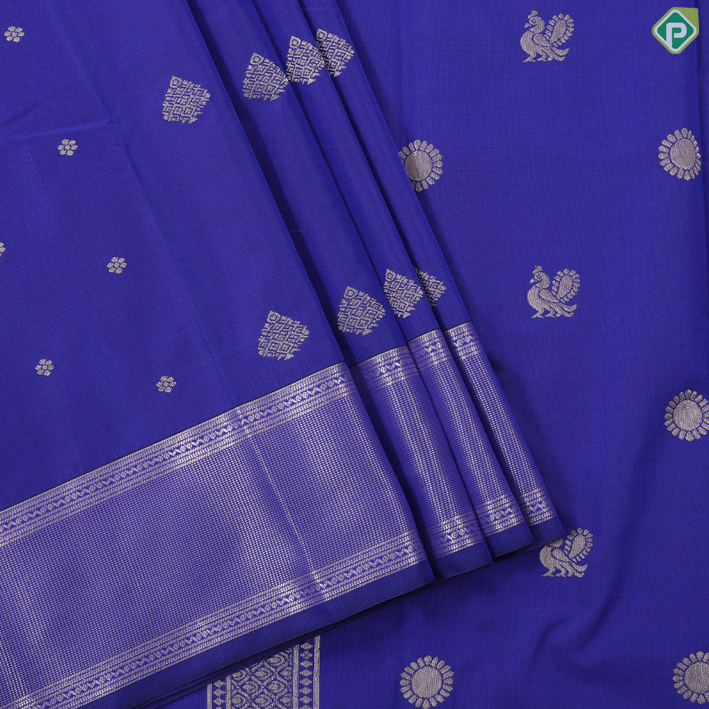 Blue and silver gold zari butta design self border art silk gift saree