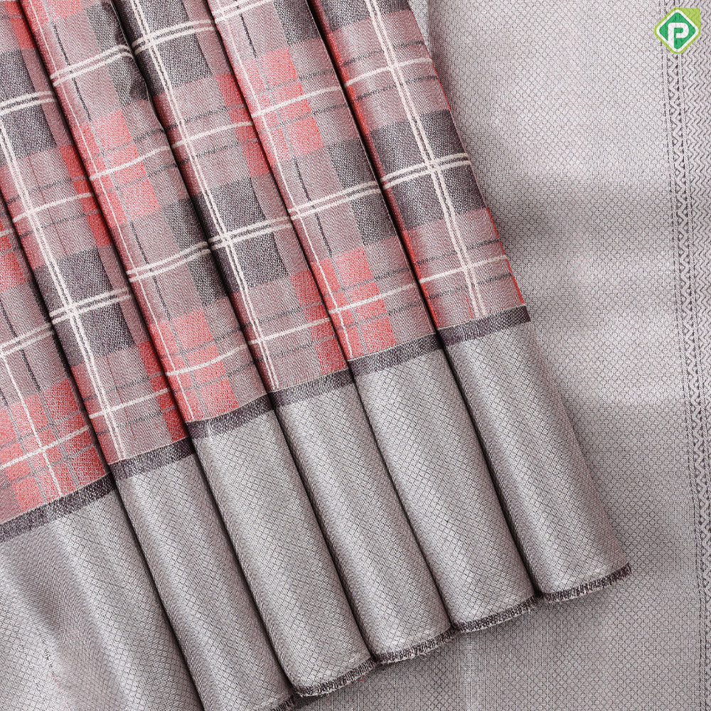 peach shades with cream checked lines design iron grey border trendy designer silk saree