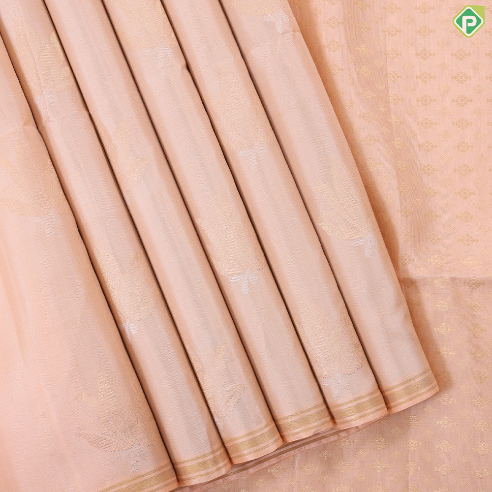 peach with colorful lotus butta design self color gold zari plain border soft silk saree
