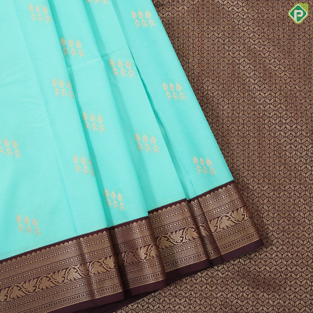 Spring green gold zari butta design contrast brown rangoli border gift saree