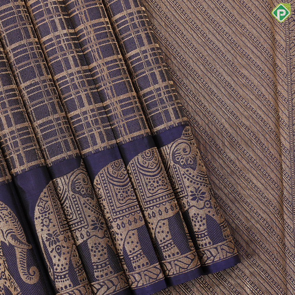 Blue With Gold Zari Checkered Design Self Colour Elephant big butta border Temple Inspired Silk Saree