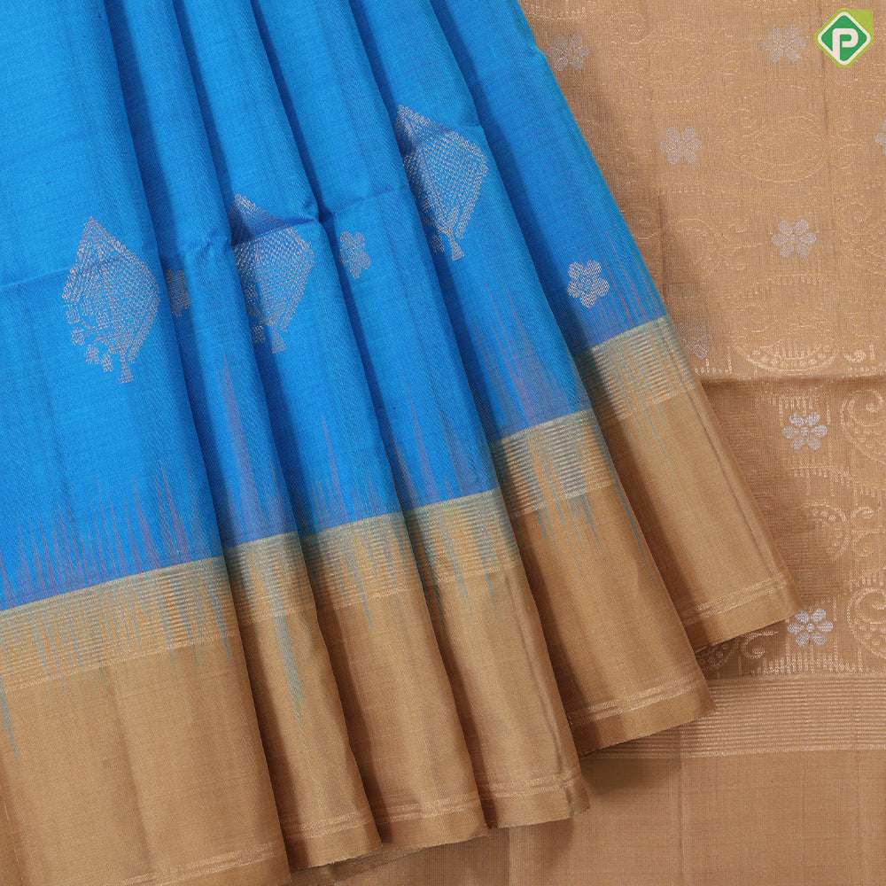 Rama Blue silver gold zari fancy square tree butta design contrast mustard gold zari border soft silk saree