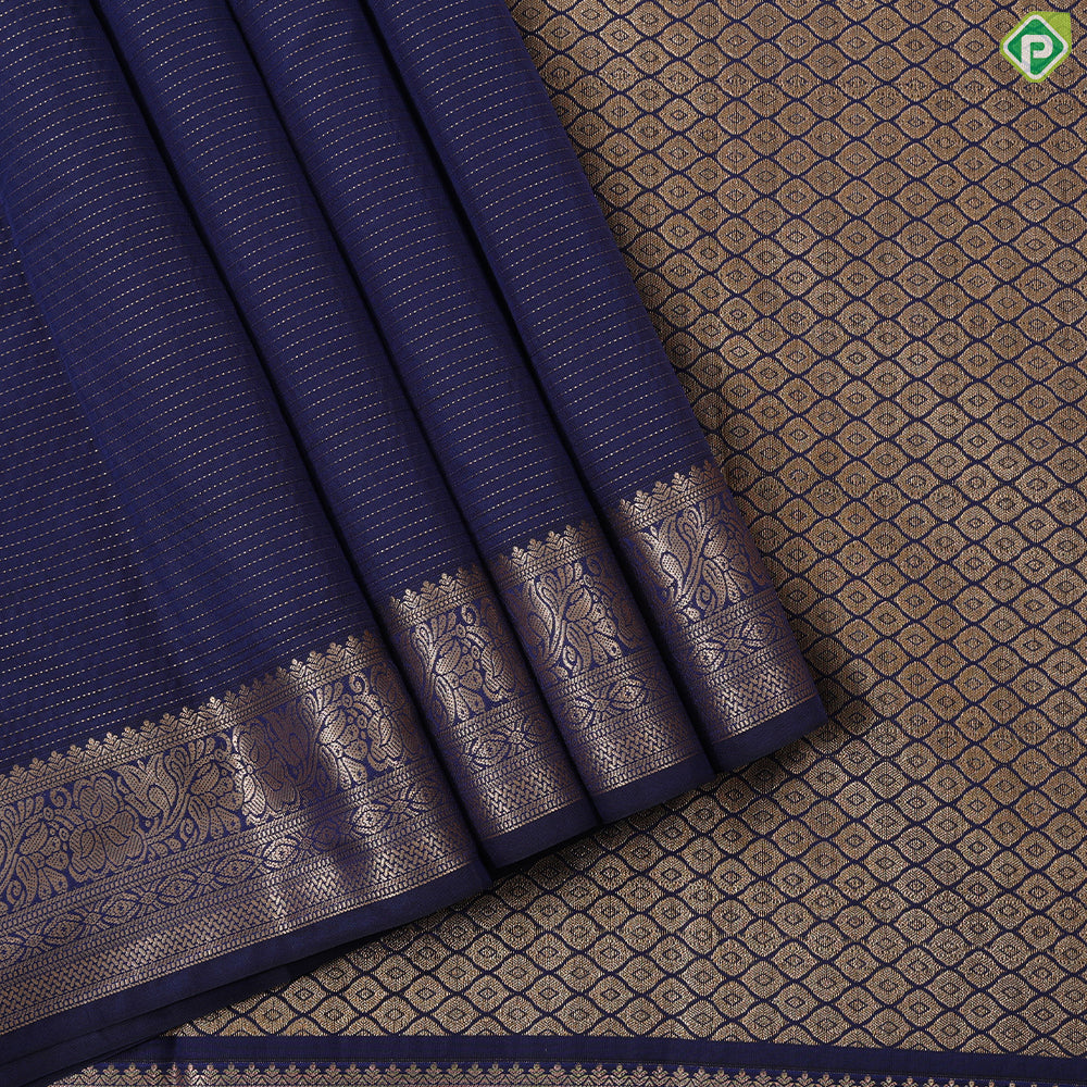 Indigo blue gold zari vairaoosi design self colour gold zari floral butta border art silk gift saree