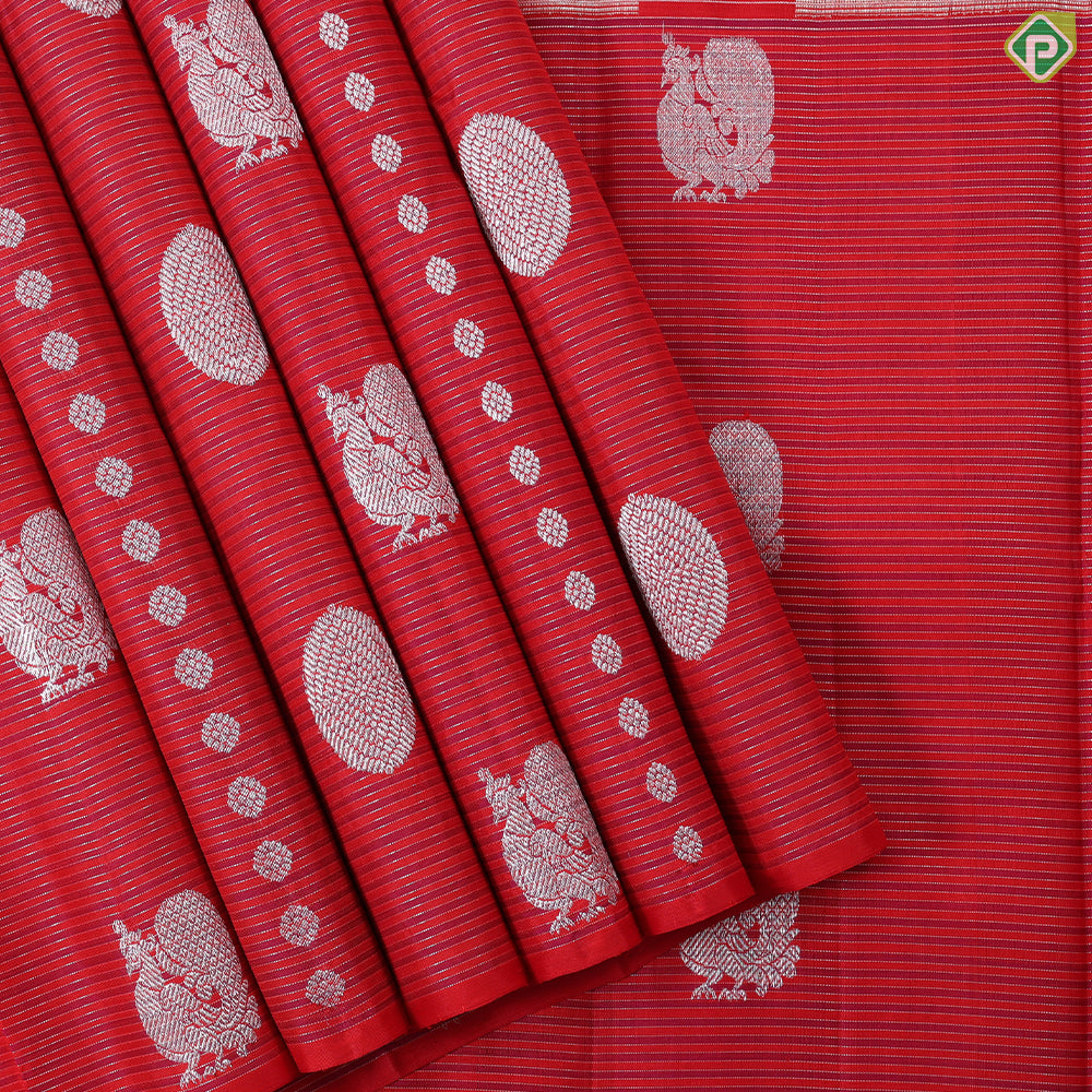 Light green with silver zari (kattam) checkered contrast red with pink lines high border trendy designer silk saree