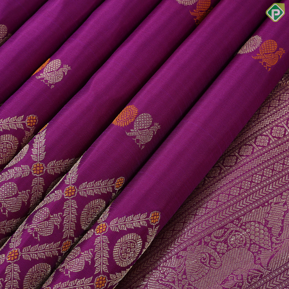 Purple with silver gold zari and silk thread set butta design self border traditional silk saree