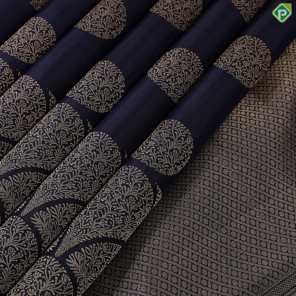 Ink Blue gold zari round butta design self gold zari fancy high border trendy designer silk saree