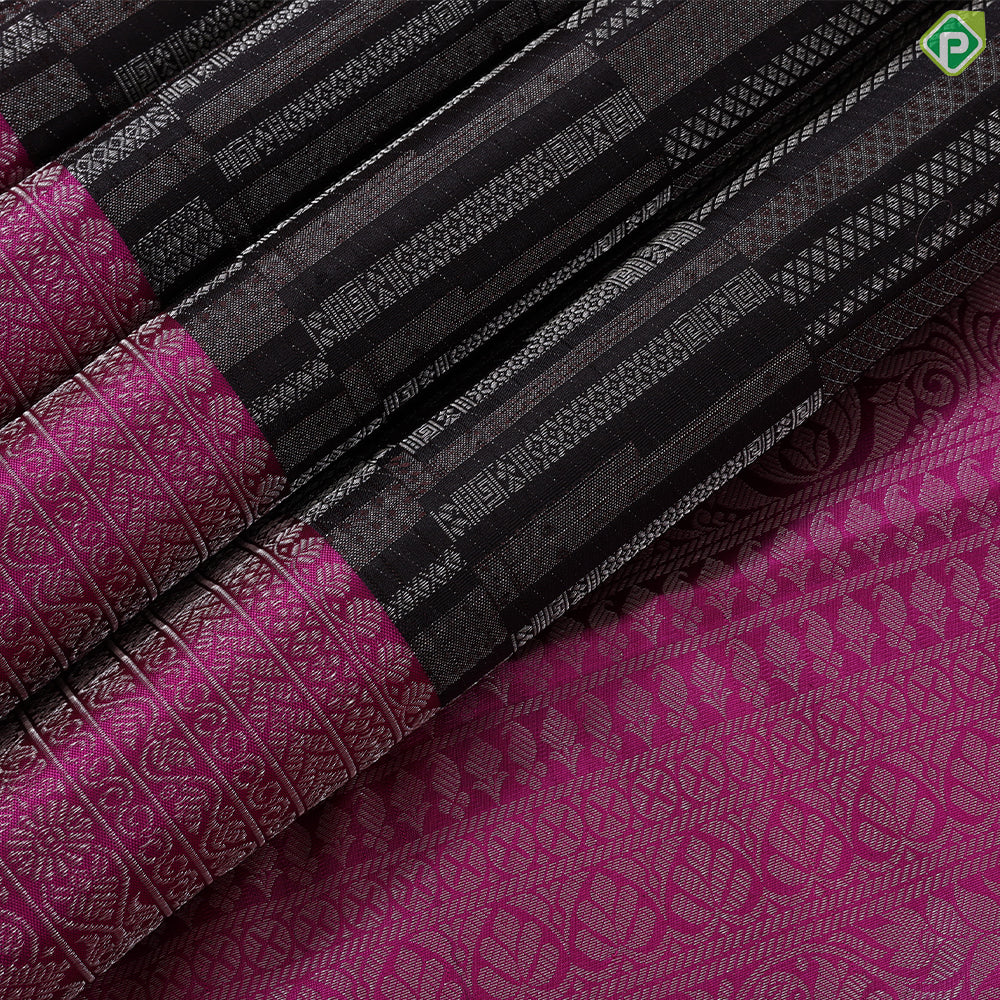 Walnut brown silver zari geometric lines design contrast rose pink border trendy designer silk saree