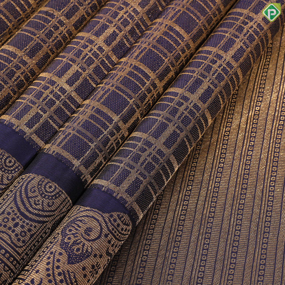 Blue With Gold Zari Checkered Design Self Colour Elephant big butta border Temple Inspired Silk Saree
