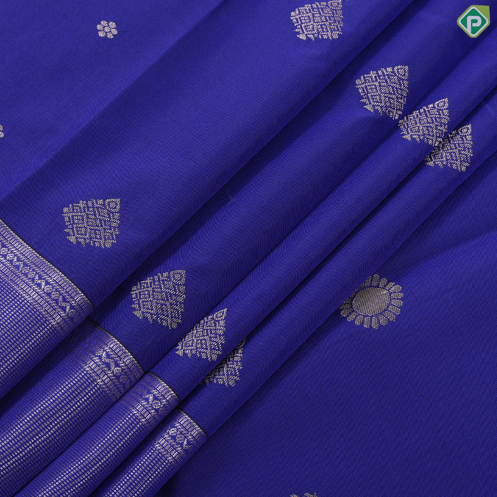 Blue and silver gold zari butta design self border art silk gift saree