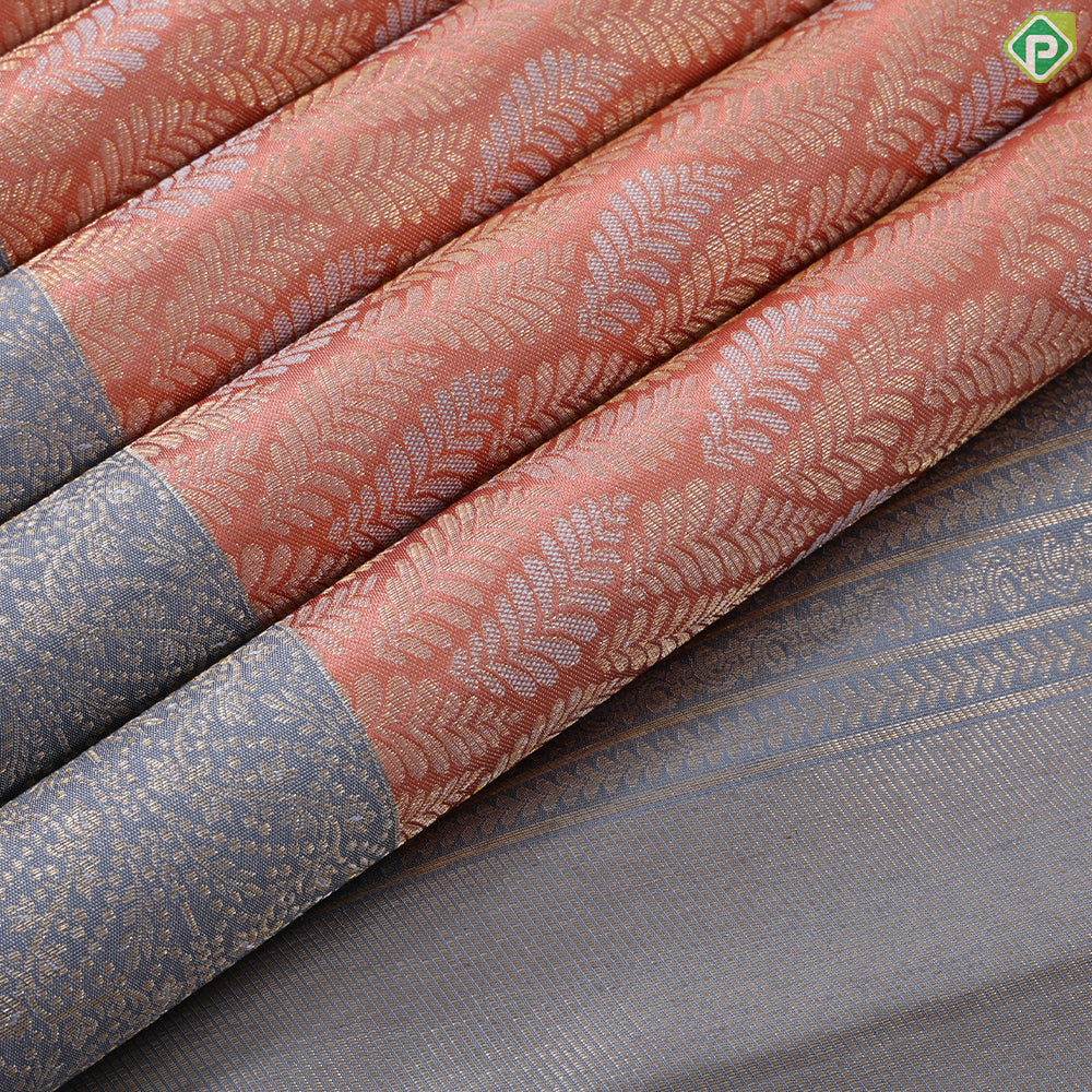 Peach silver and silver gold zari leaf design iron grey border trendy designer silk saree