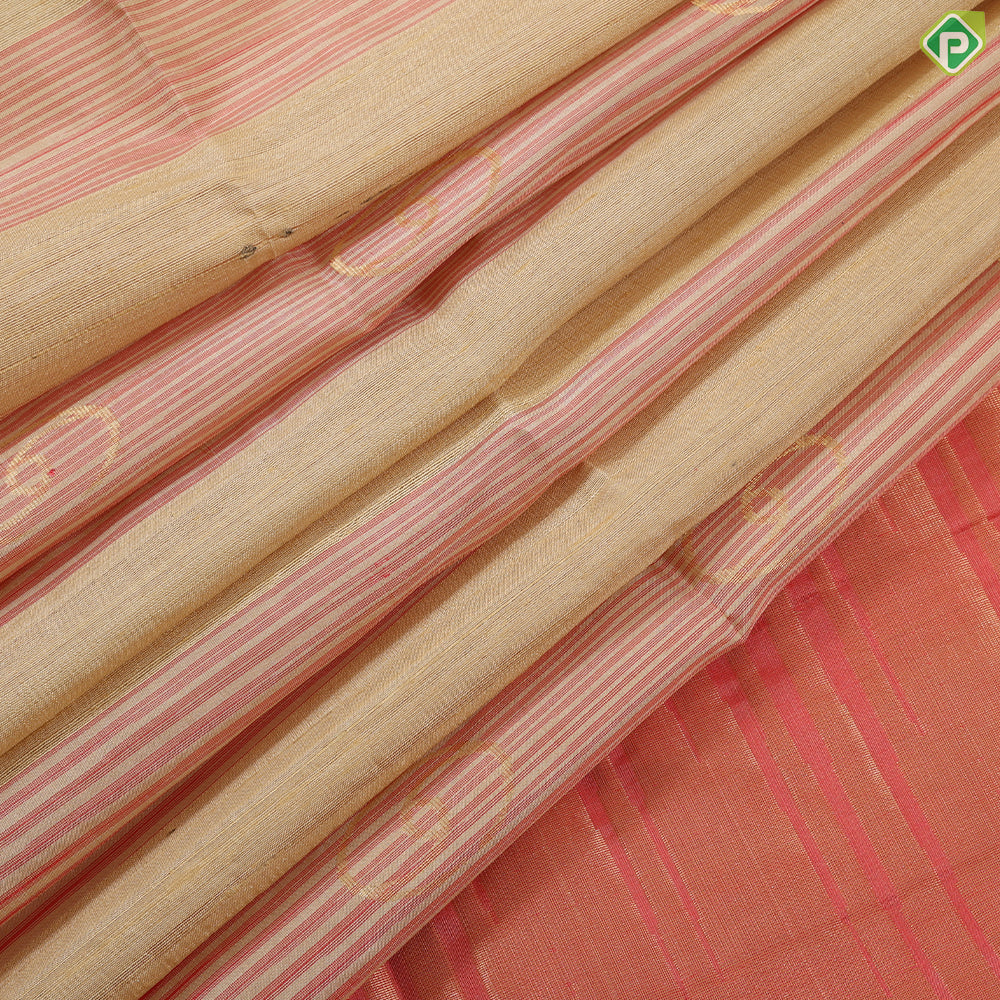 Beige brick red and gold zari round butta design borderless grand pallu soft silk saree