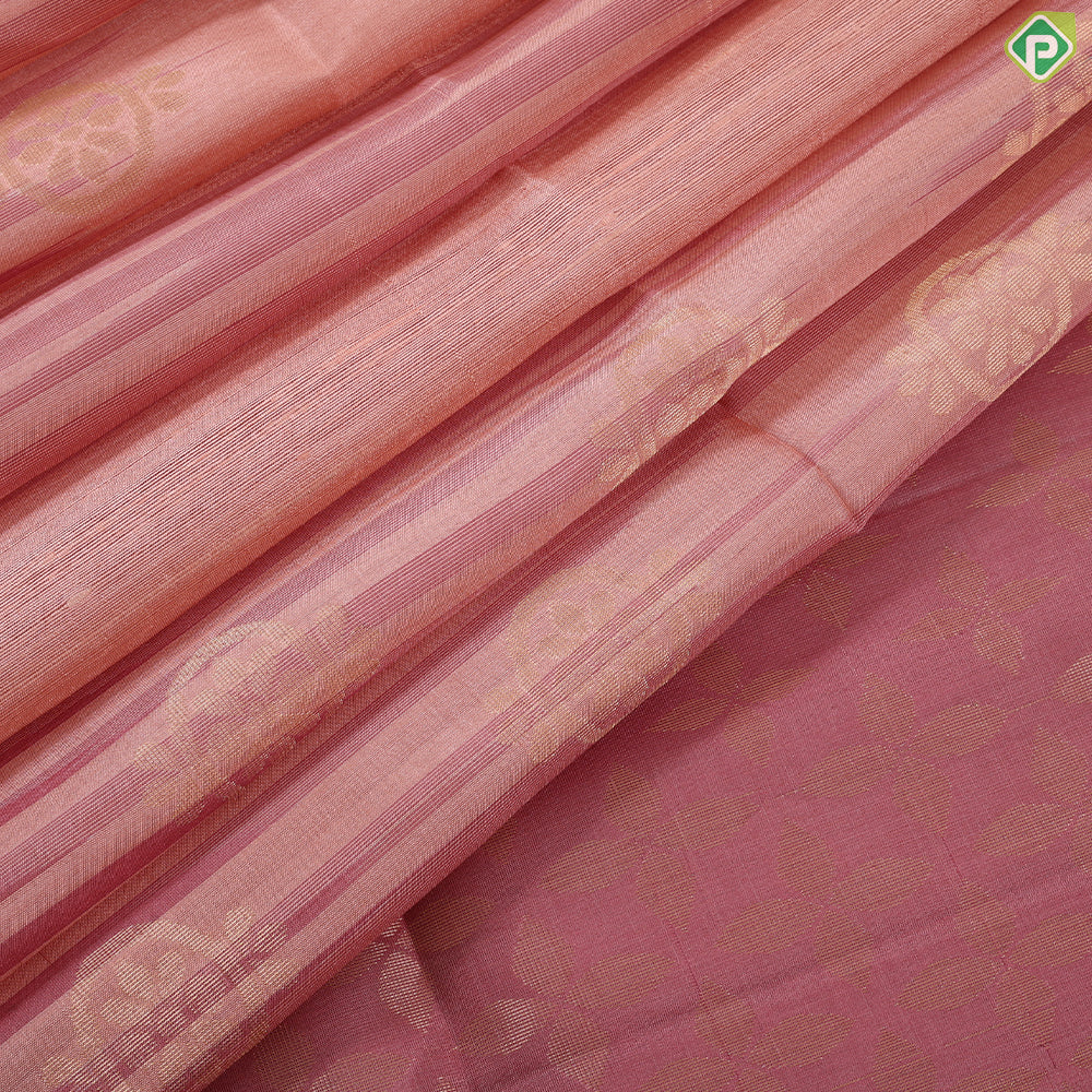 Peach and onion pink stripes gold zari round flower design borderless grand pallu soft silk saree