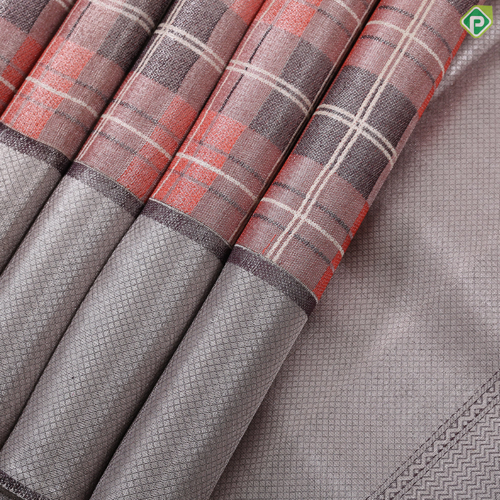 peach shades with cream checked lines design iron grey border trendy designer silk saree