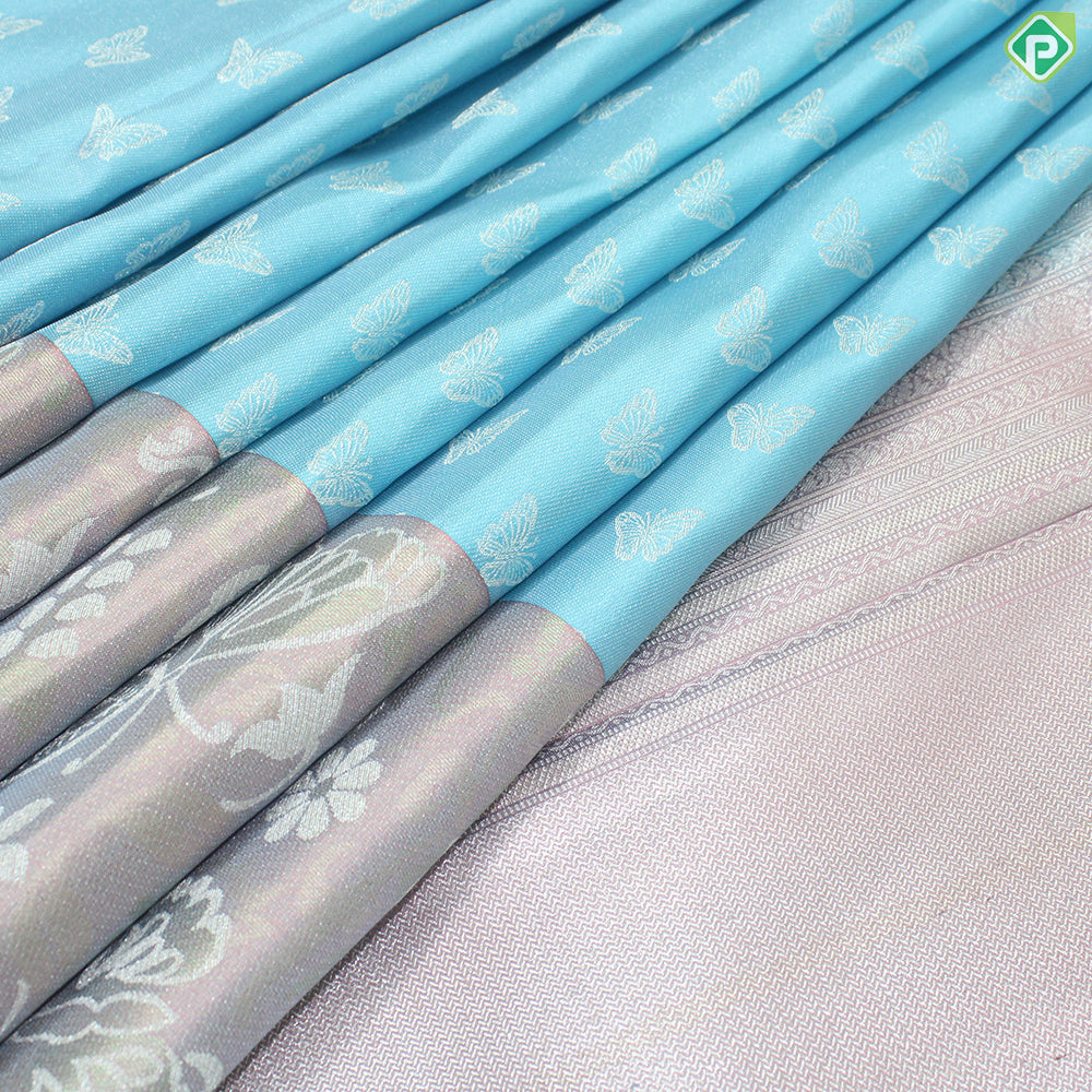 Sky Blue silver butterfly butta  peach pink rangoli design border Trendy designer Silk Saree
