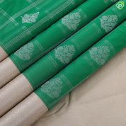 Forest green silver zari checks and Butta design contrast beige border art silk gift saree