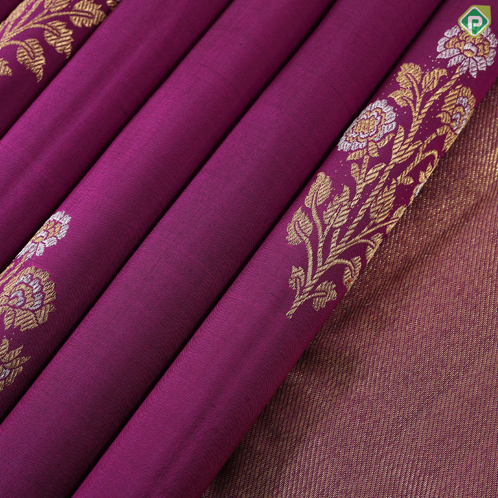 purple with silver gold zari flower bunch half peach self stripe half design trendy designer silk saree