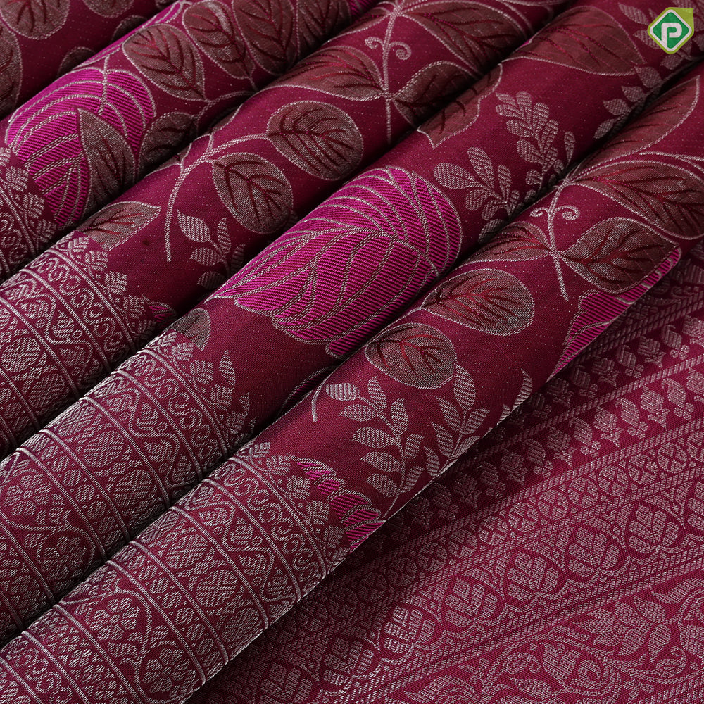 Beetroot pink silver zari tropical effect design self colour multi lines border trendy designer silk saree