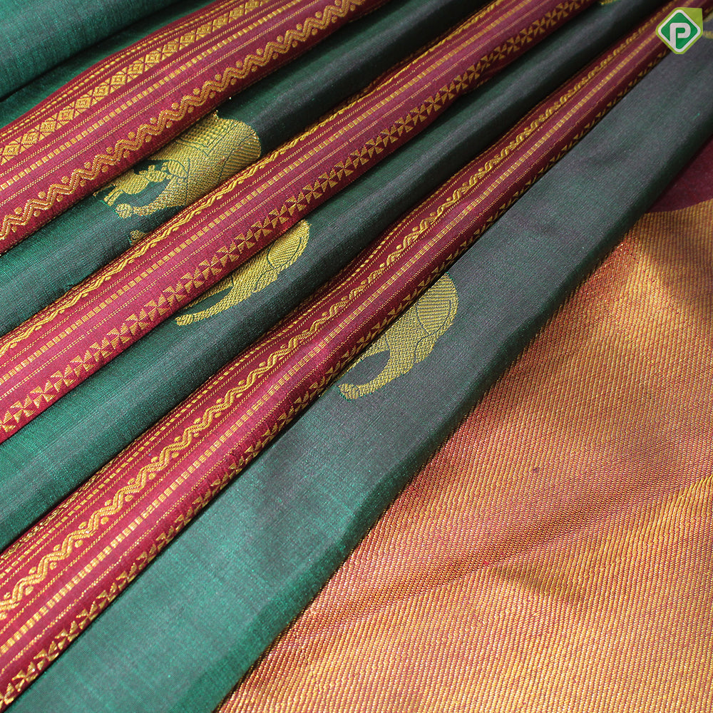 Bottle Green And Maroon Combo Gold Zari Pasuvum Kandrum Butta Trendy Designer Silk Saree