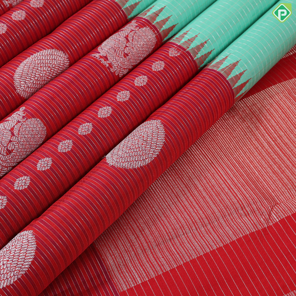 Light green with silver zari (kattam) checkered contrast red with pink lines high border trendy designer silk saree
