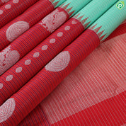 Light green with silver zari (kattam) checkered contrast red with pink lines high border trendy designer silk saree