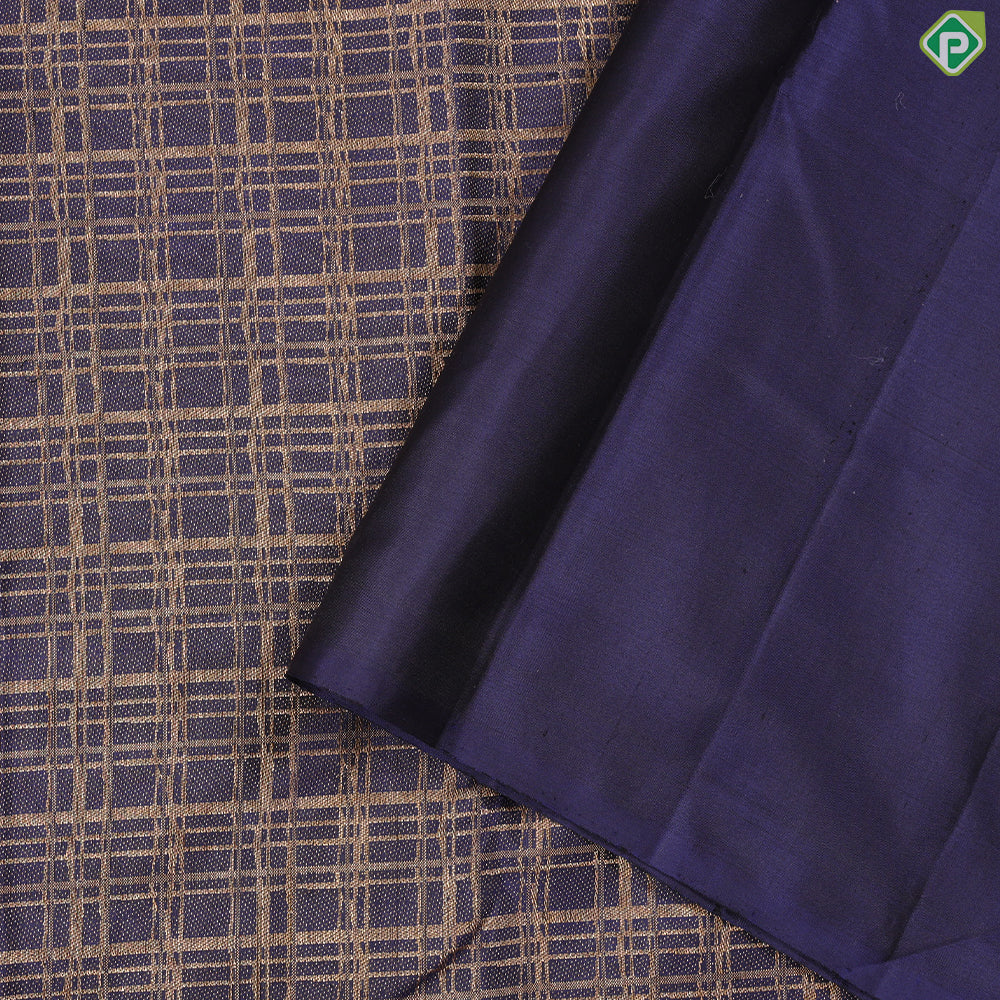 Blue With Gold Zari Checkered Design Self Colour Elephant big butta border Temple Inspired Silk Saree