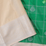 Forest green silver zari checks and Butta design contrast beige border art silk gift saree