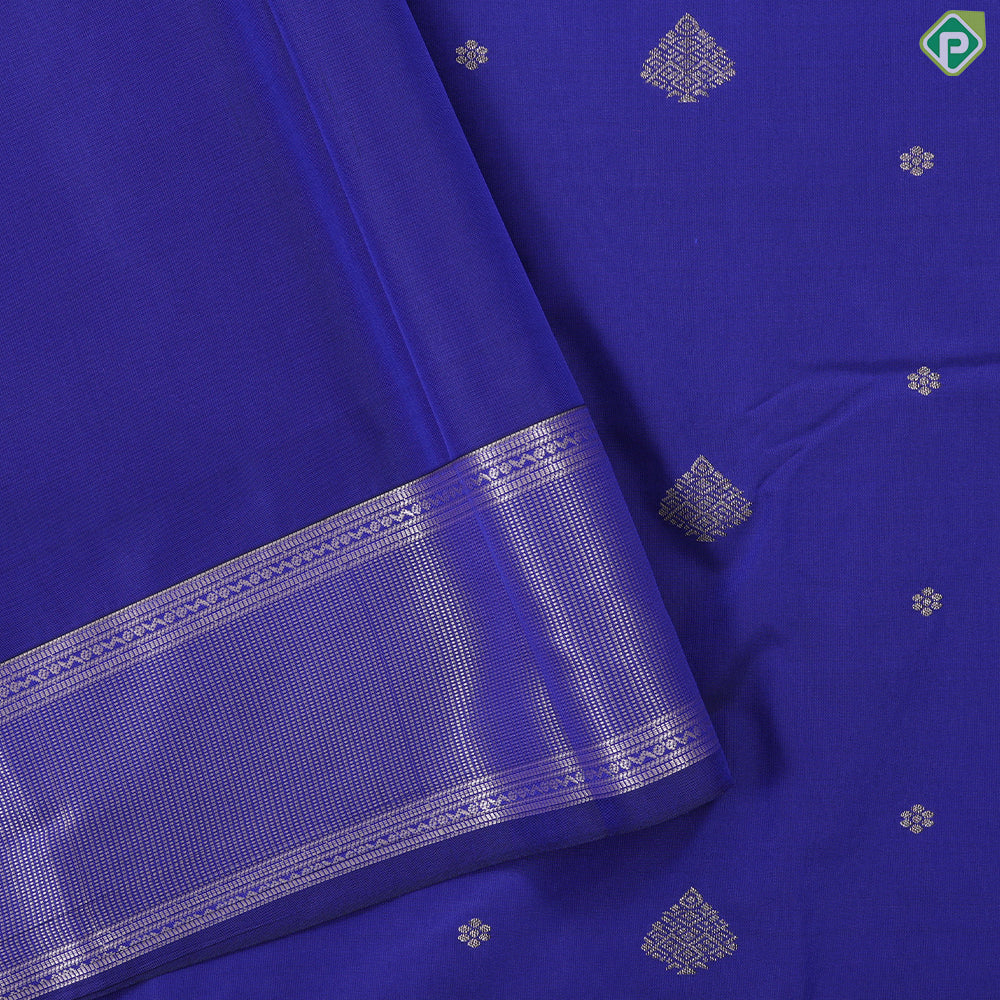 Blue and silver gold zari butta design self border art silk gift saree