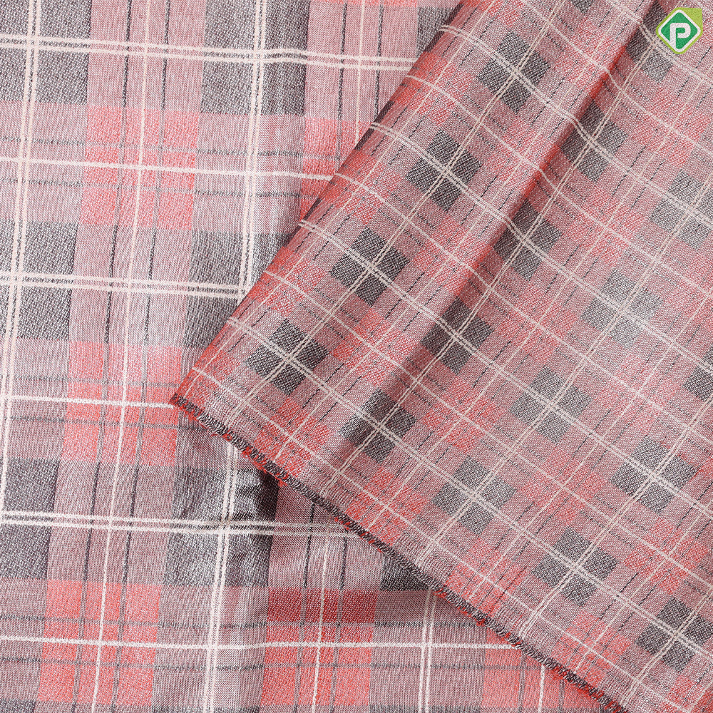 peach shades with cream checked lines design iron grey border trendy designer silk saree