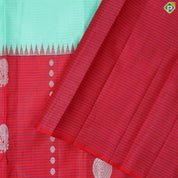 Light green with silver zari (kattam) checkered contrast red with pink lines high border trendy designer silk saree