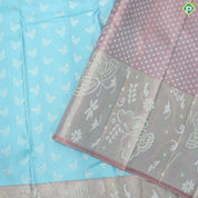 Sky Blue silver butterfly butta  peach pink rangoli design border Trendy designer Silk Saree