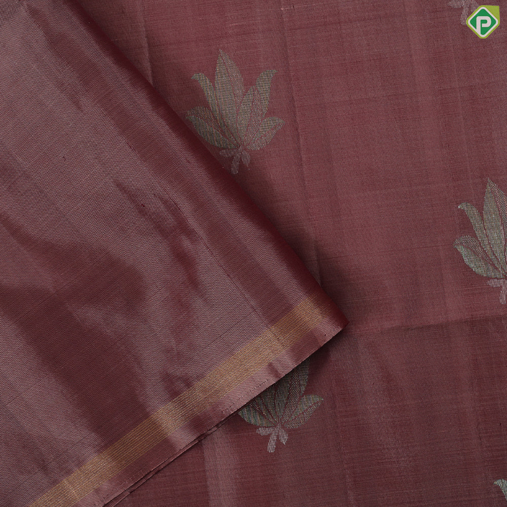 Onion pink colorful zari lotus butta design self color gold zari plain border soft silk saree