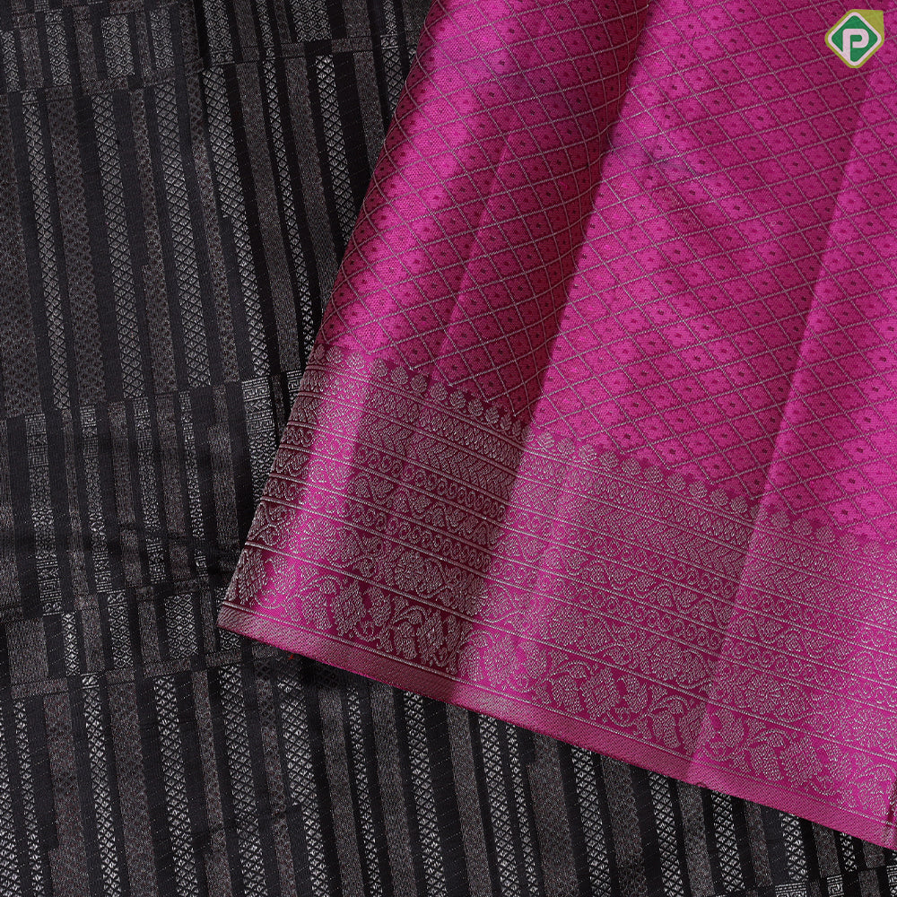 Walnut brown silver zari geometric lines design contrast rose pink border trendy designer silk saree