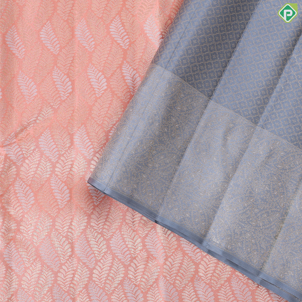 Peach silver and silver gold zari leaf design iron grey border trendy designer silk saree