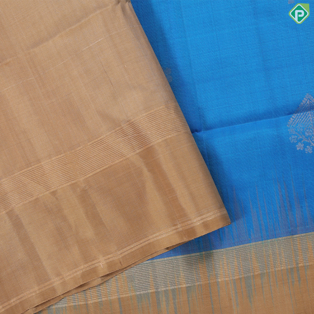 Rama Blue silver gold zari fancy square tree butta design contrast mustard gold zari border soft silk saree