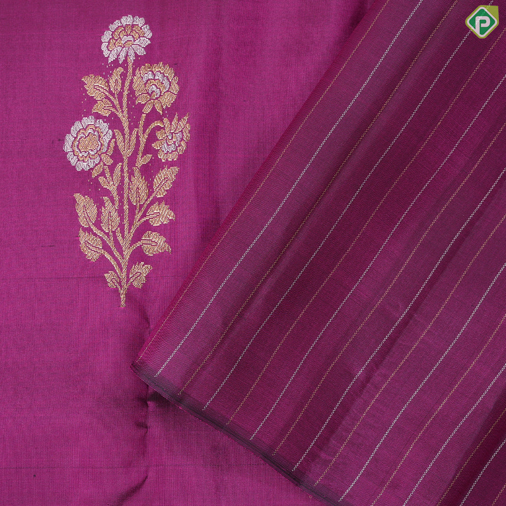 purple with silver gold zari flower bunch half peach self stripe half design trendy designer silk saree