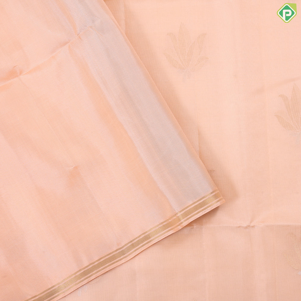 peach with colorful lotus butta design self color gold zari plain border soft silk saree