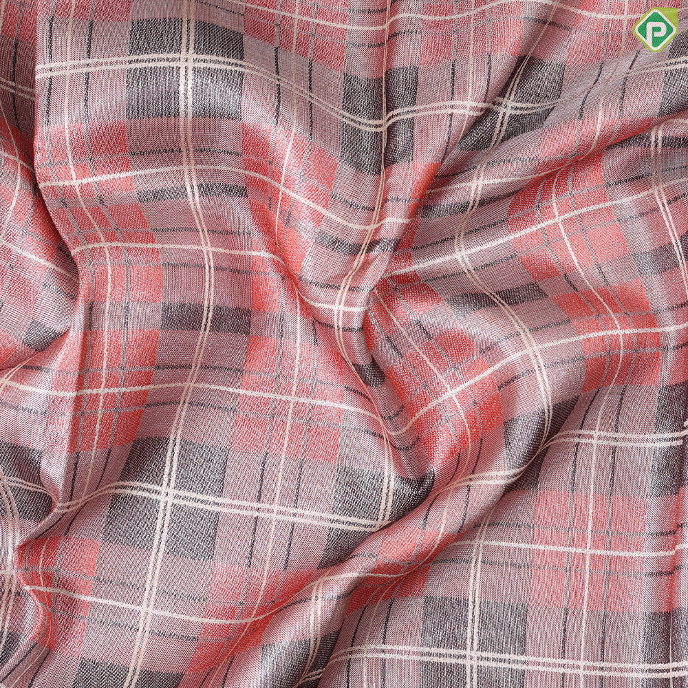 peach shades with cream checked lines design iron grey border trendy designer silk saree