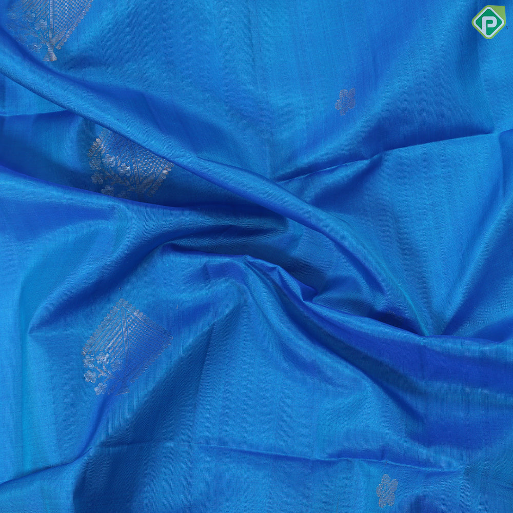 Rama Blue silver gold zari fancy square tree butta design contrast mustard gold zari border soft silk saree