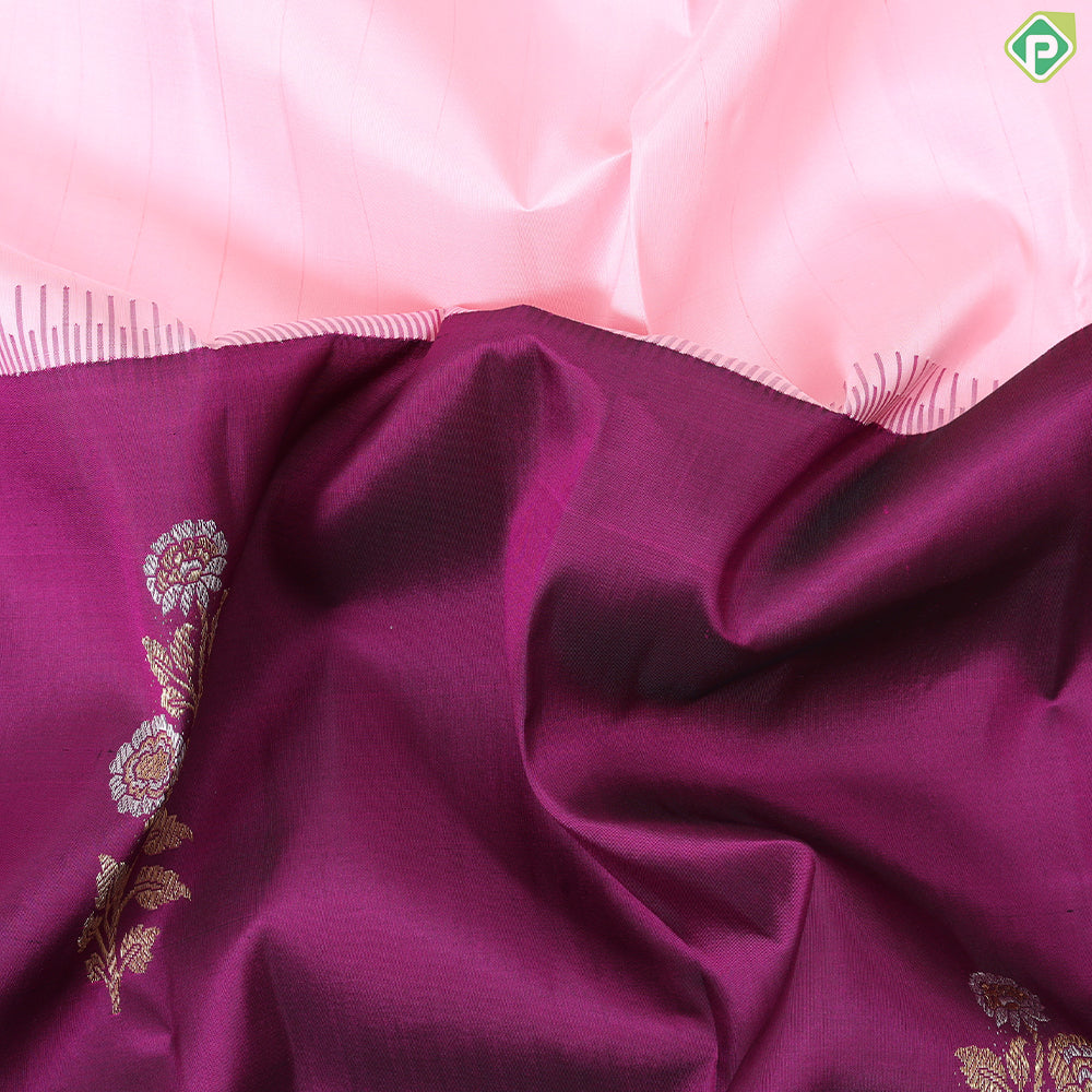 purple with silver gold zari flower bunch half peach self stripe half design trendy designer silk saree