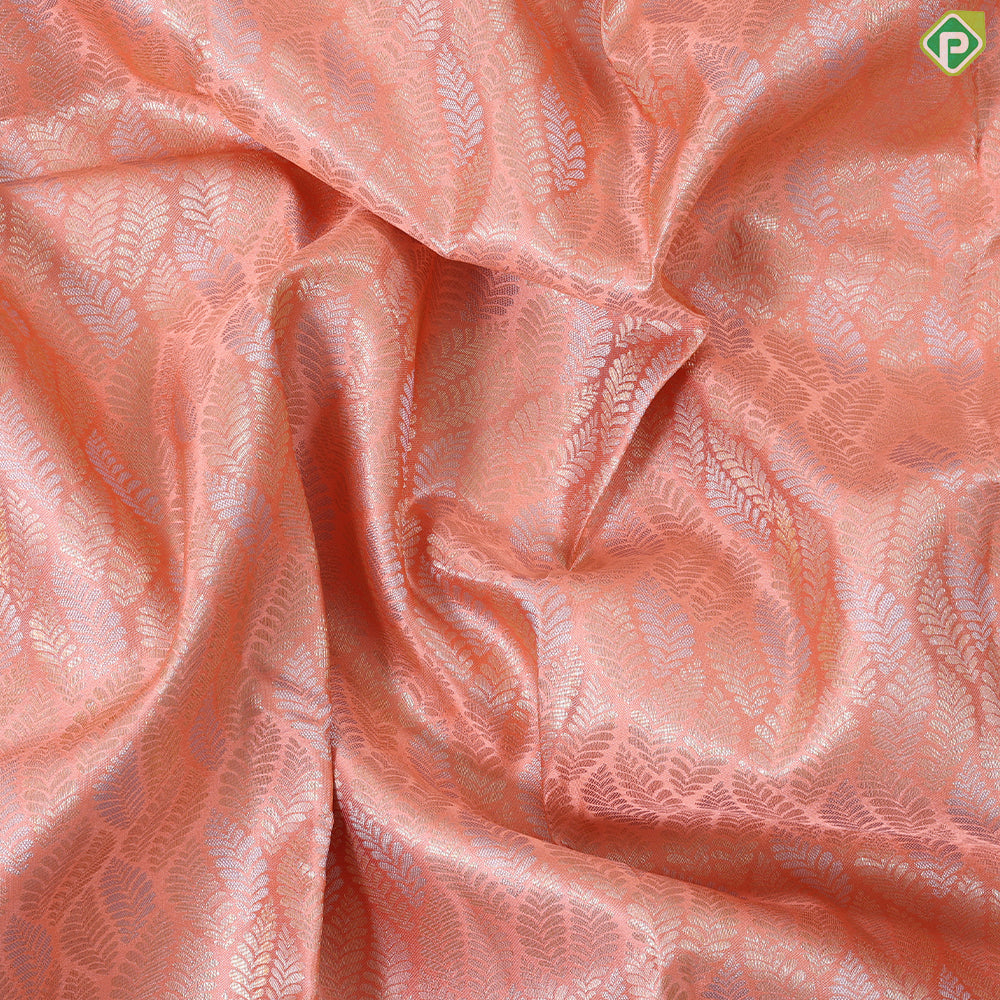 Peach silver and silver gold zari leaf design iron grey border trendy designer silk saree