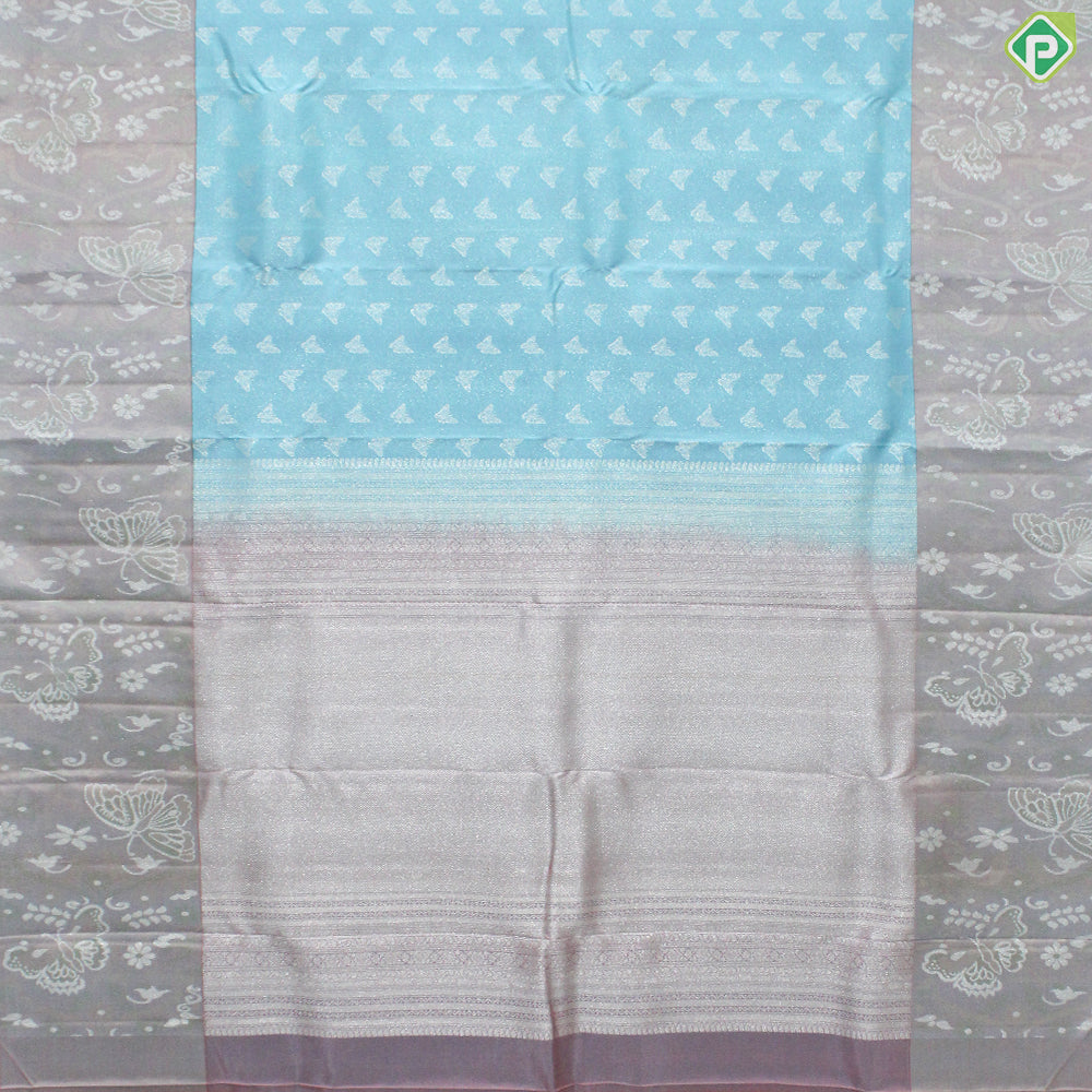 Sky Blue silver butterfly butta  peach pink rangoli design border Trendy designer Silk Saree